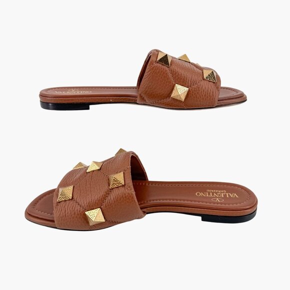 Valentino Roman Stud Brown Rockstud Slide Sandals Flats Size 37.5 US 7.5 Women's - Picture 11 of 15